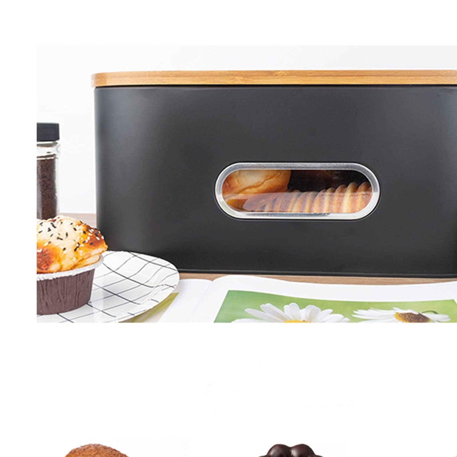 Metalowy czarny chlebak z deską do krojenia duży pojemnik na chleb w stylu wiejskim (43 x 20 x 18 cm)
