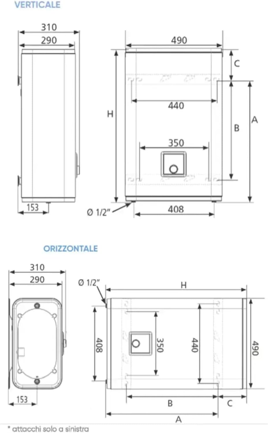 Technical drawing with detailed dimensions for vertical and horizontal installation of the Atlantic Vertigo Access 100 water heater.