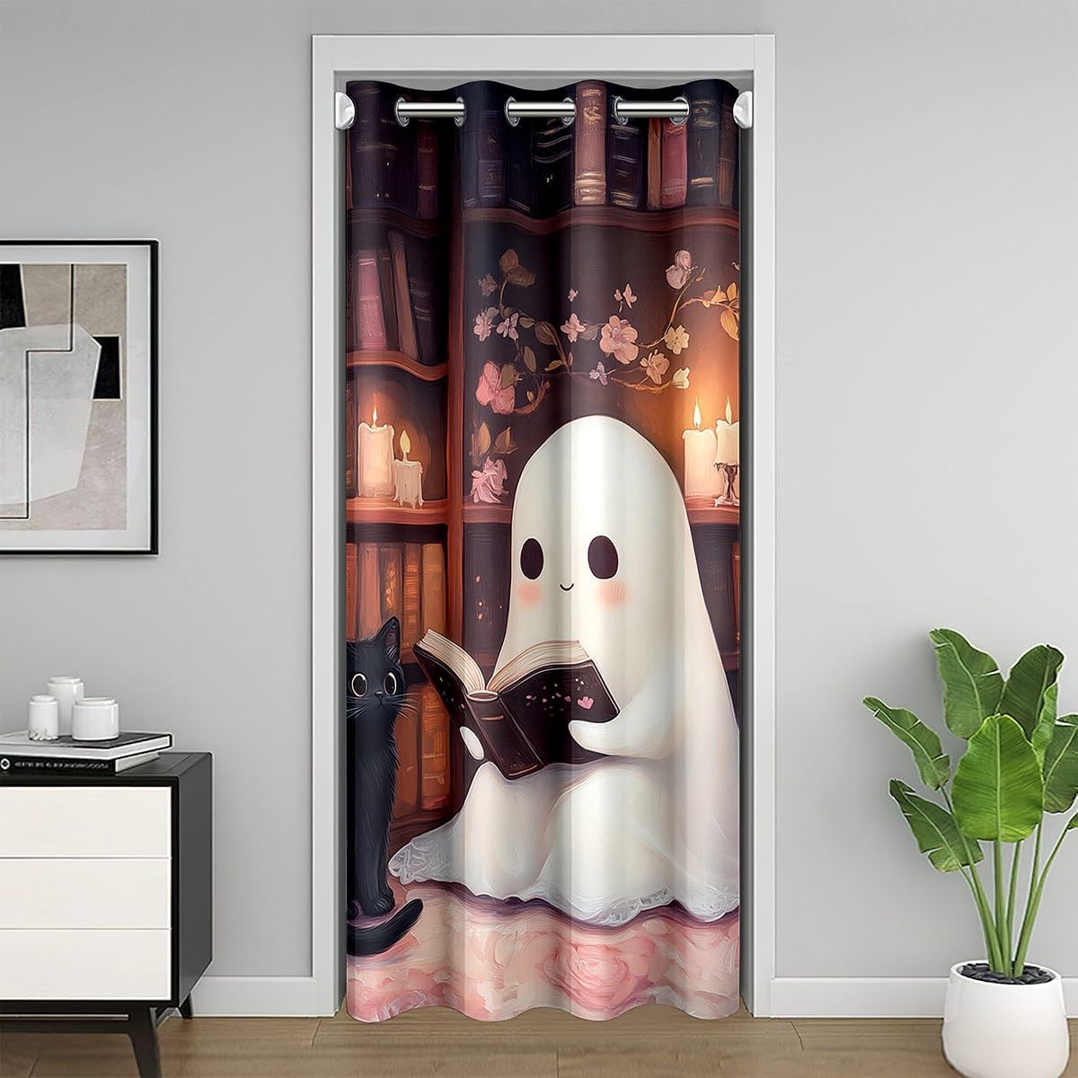Happy Halloween Doorway Curtain 42" W X 84" L Lovely White Ghost Black Cat Decor Door Curtain for Kids Boys Girls Teens Retro Bookshelf Pink Flowers Drape for Window Closet Door