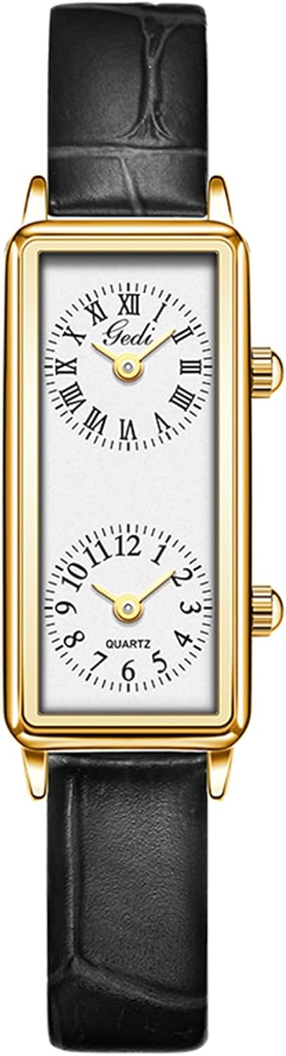 Gosasa Women’s Vintage Rectangle Watch Dual Time Zone Waterproof Ladies Quartz Analog Wristwatch with Two Dials, Roman & Arabic Numerals, Leather Strap for Travel & Business
