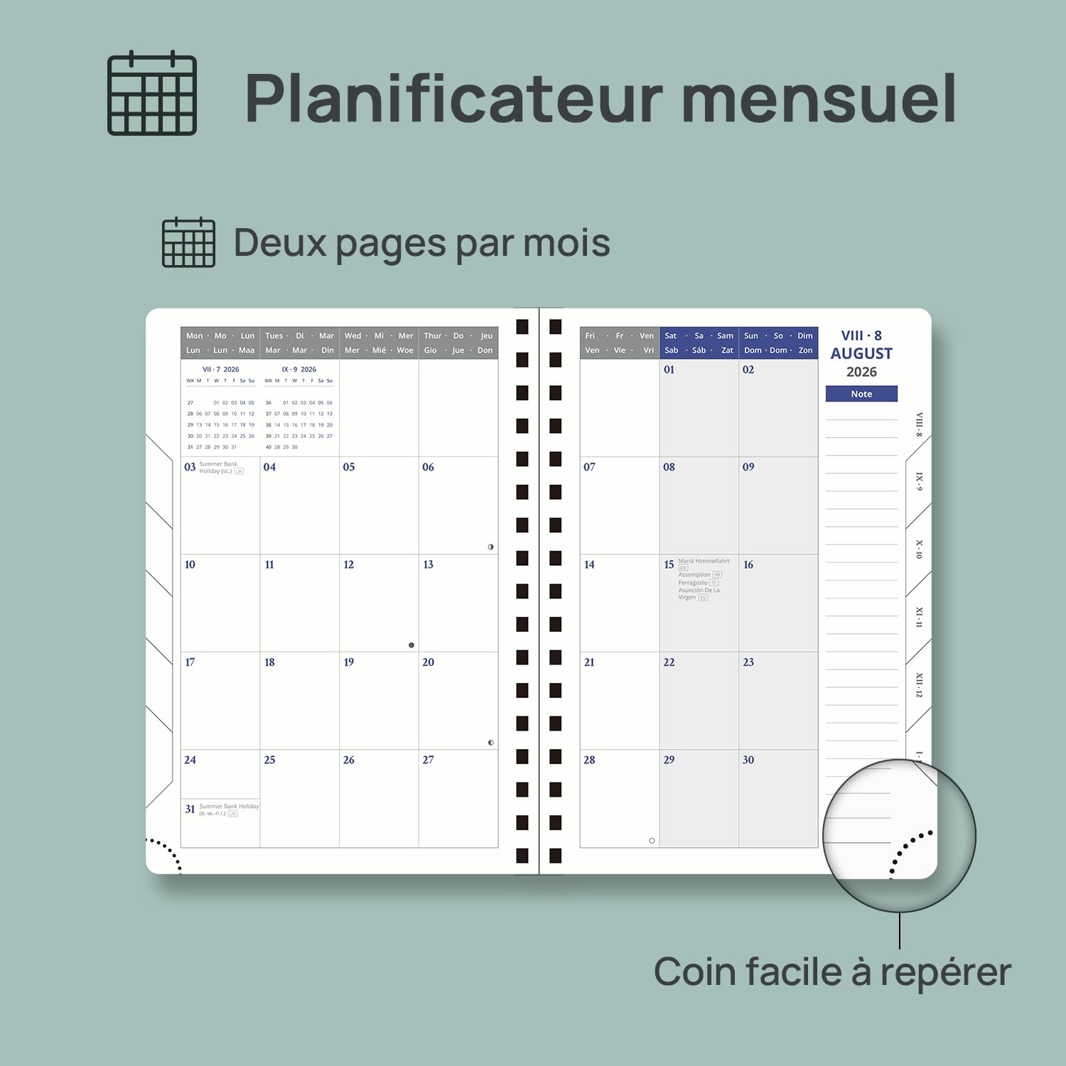 POPRUN Agenda 2026 2027 Journalier Scolaire 21,5 x 14,5 cm，1 Page par Jour D'Août 2026 à Juil 2027 12 Mois，couverture rigide en PU，Onglets Mensuels，Règle-signet，Papier 80g/m²，Vert Minuit