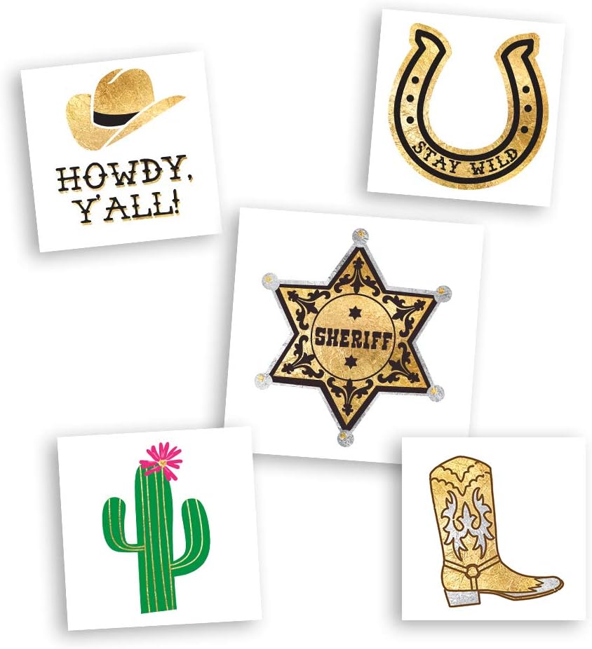 WILD WEST VARIETY SET includes 25 assorted kids premium waterproof metallic gold temporary foil party tattoos - party supplies, cowboy boot, western, horseshoe, wedding, cactus, sheriff, howdy