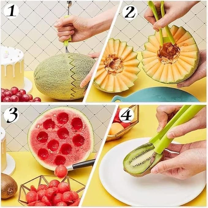 Image of Stainless Steel Julienne Vegetable Peeler Multi-Functional Fruit & Veggie Shredder Slicer and Grater for Potatoes, Carrots, Cucumbers (Melon Baller Scoop Set)