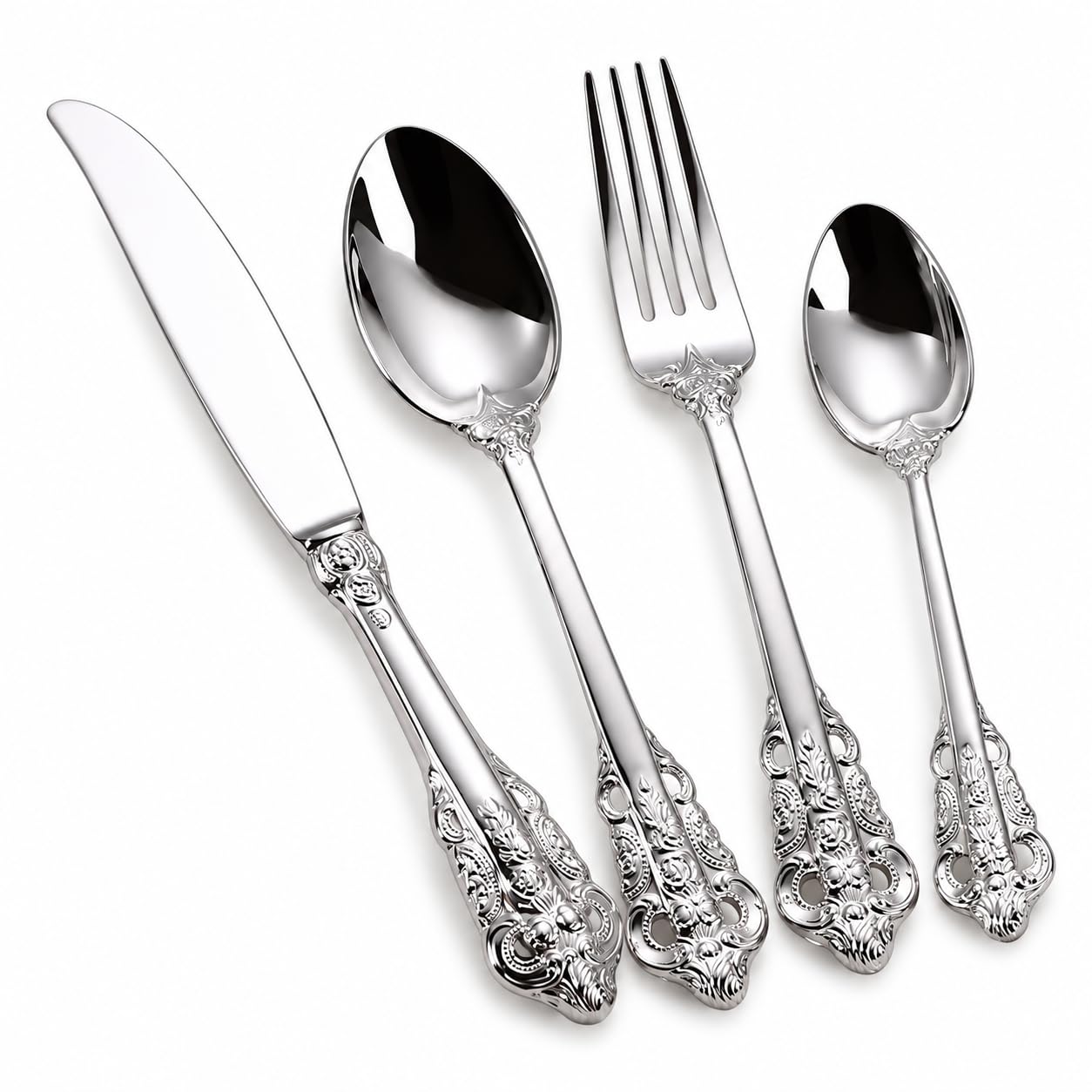 Vintage Stainless Steel Cutlery Set - 4 Pc | Dinner Spoon, Dessert Spoon, Fork and Butter Knife Mirror Polished Rust Resistant for Dinning, Kitchen and Travel (SILVER)