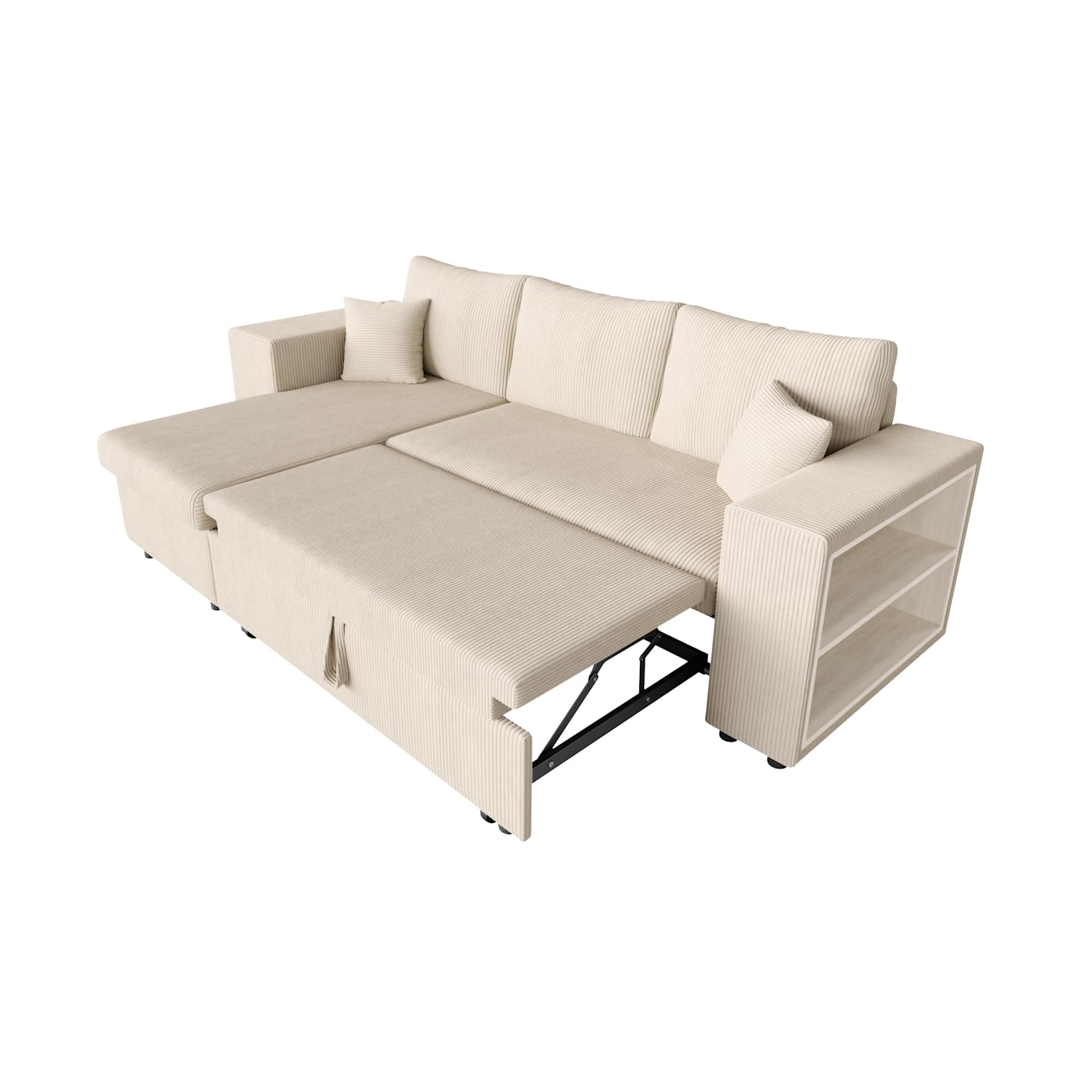 LOUNGITUDE Canapé d'angle Mady Convertible avec Coffre, 2 poufs et étagère en Velours côtelé