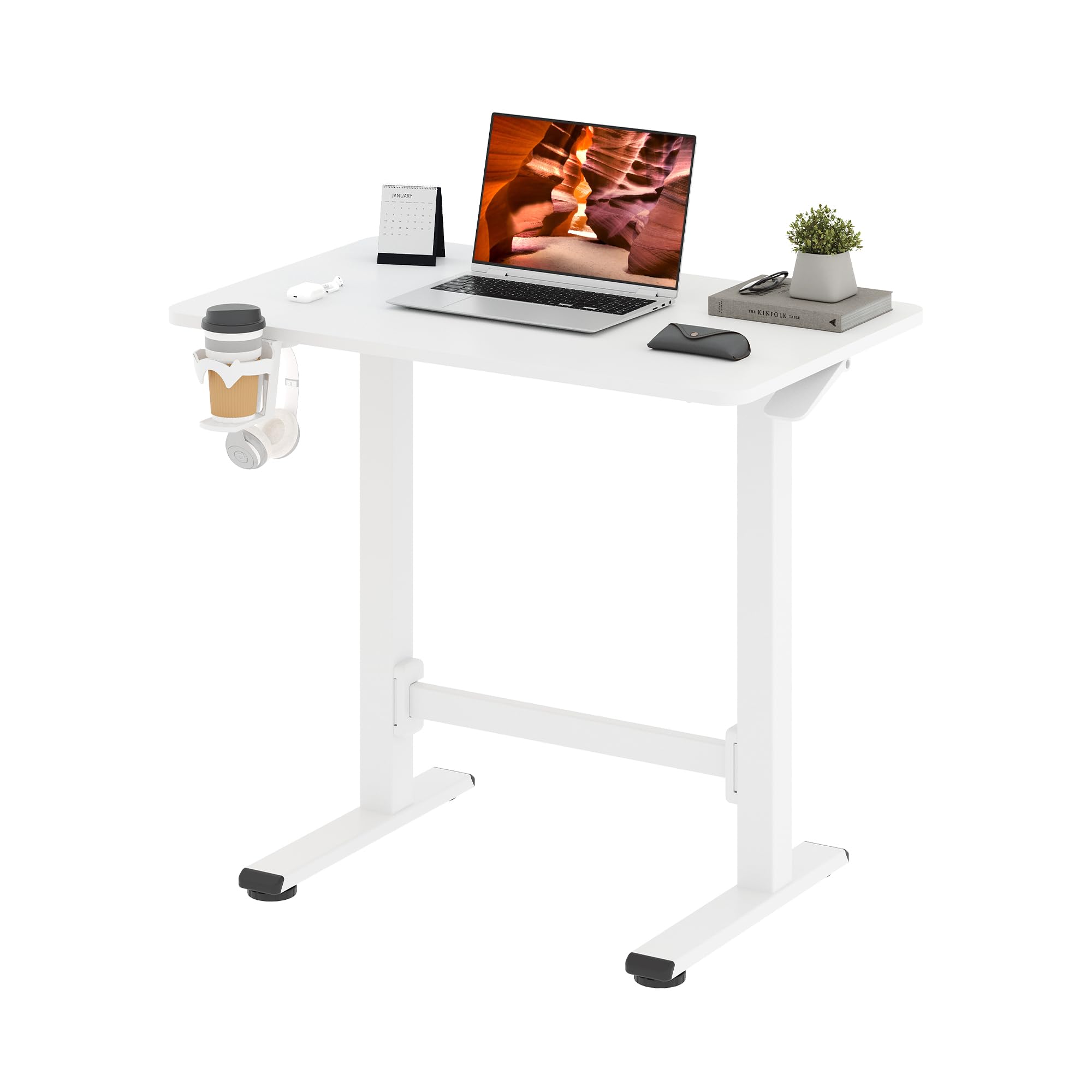 FitStand Pneumatic Standing Desk, 31.5" x 19.7" One-Piece Adjustable Height Home Office Desk, Rolling Computer Workstation with Hooks & Cup Holder,2