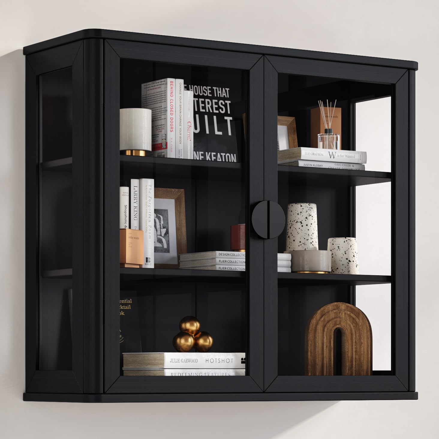 Black Tempered Glass Display Wall Storage Cabinet,Bathroom Wall Cabinet,Wall Mounted Cabinet with Curved Edges, Floating Cabinet with Adjustable Shelves for Kitchen,Dining Room,Bathroom