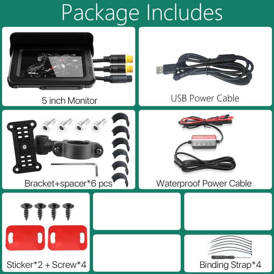Contents of the TTXSCAM MT02-A package including monitor, cables, and mounting hardware