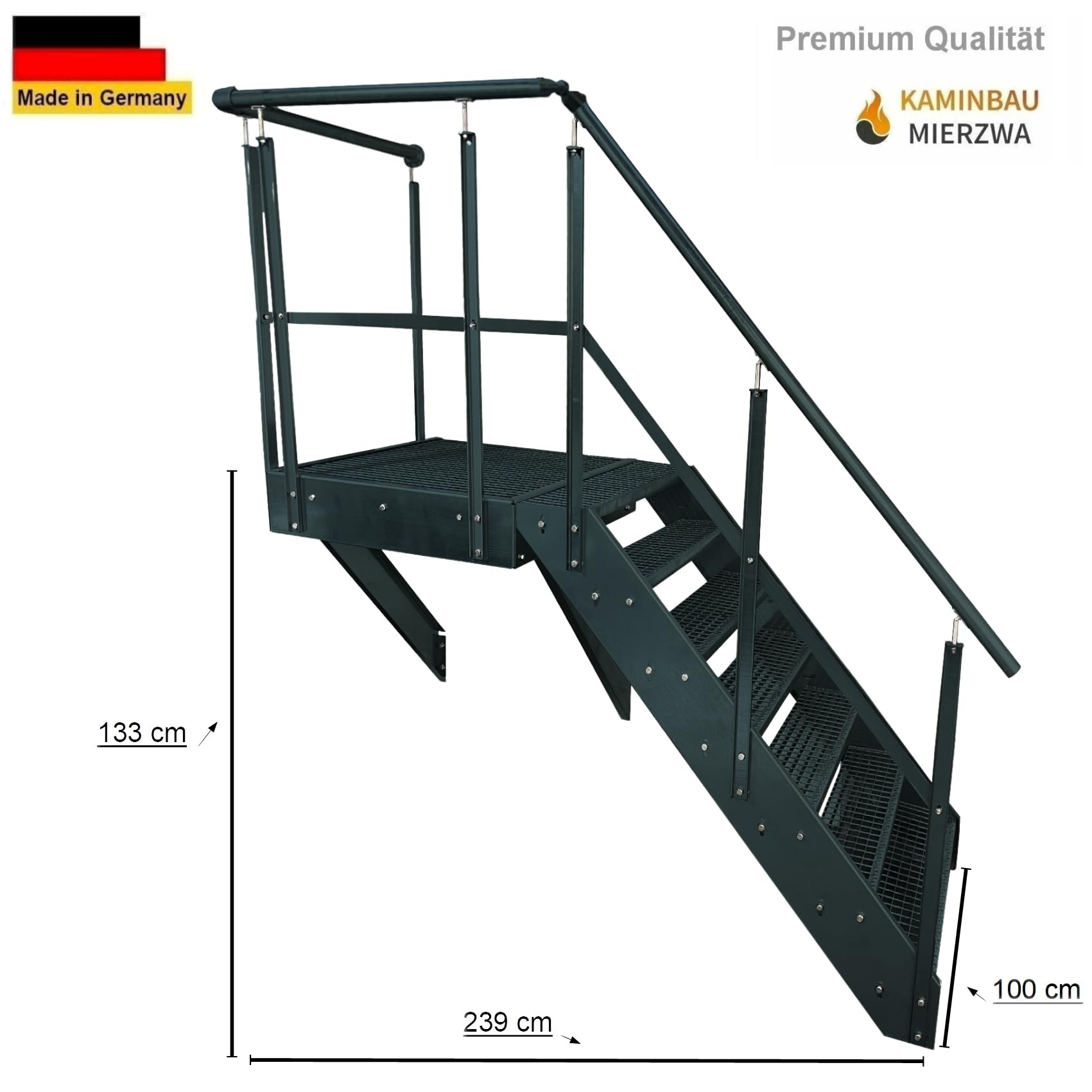 Schody podestowe, stalowe, antracytowe, 7 stopni, wysokość 133 cm, łącznie z podestem 100 x 100 cm, z balustradą, orientacją schodów policzkowych do wyboru w lewo/w prawo lub z przodu (orientacja