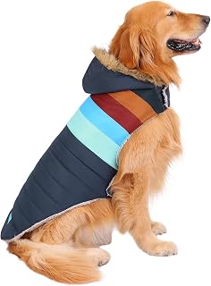 HDE Fleece-Lined Dog Puffer Jacket Winter Parka with Harness Hole - Navy Retro Stripe XL Warm Waterproof Coat