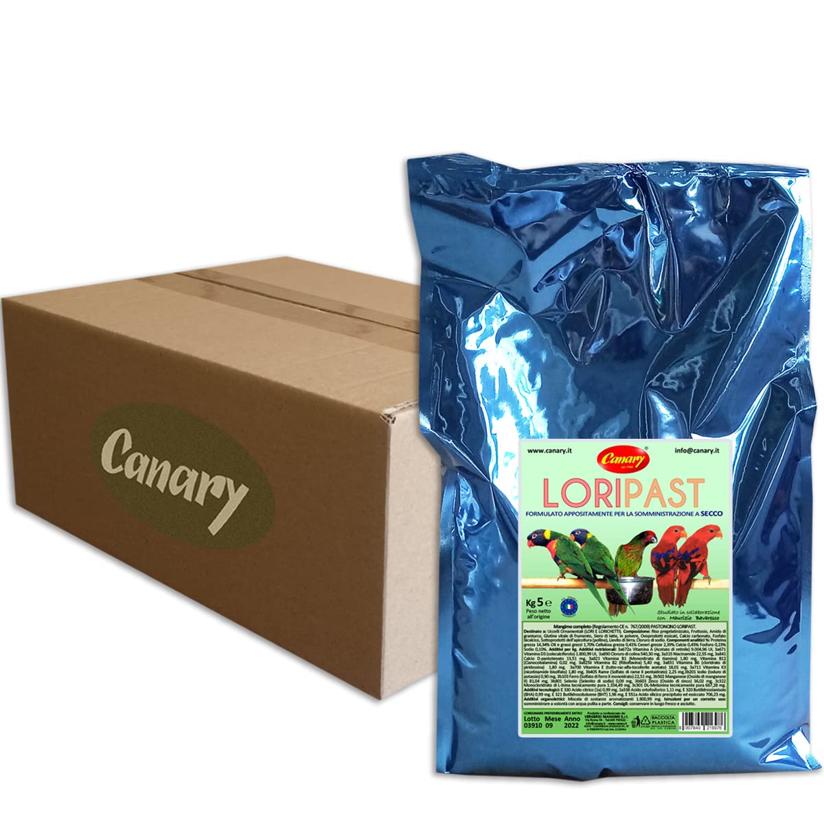 Canary Loripast 5kg, mangime per lorichetti e pappagalli, pastoncino in farina per lori, alimento completo per alimentazione a secco, confezione da 5Kg.