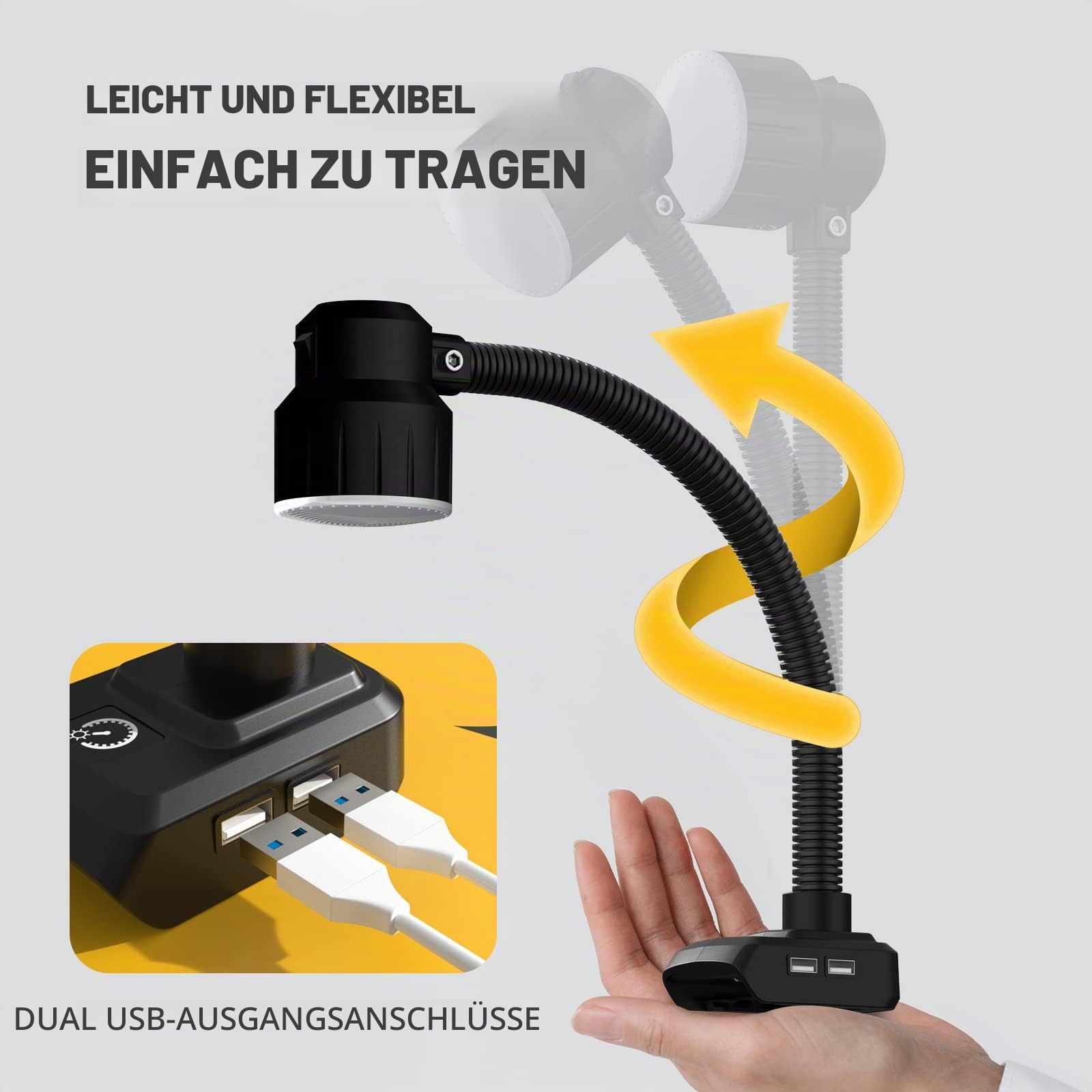 SHUNCANDA Schnurlose LED-Arbeitsleuchte 14,4V 18V 20v Akku, dimmbarer Scheinwerfer für Notfälle, Camping, Autoreparaturen, Outdoor mit USB und flexiblem Schwanenhals.(2 USBHarging Ports)
