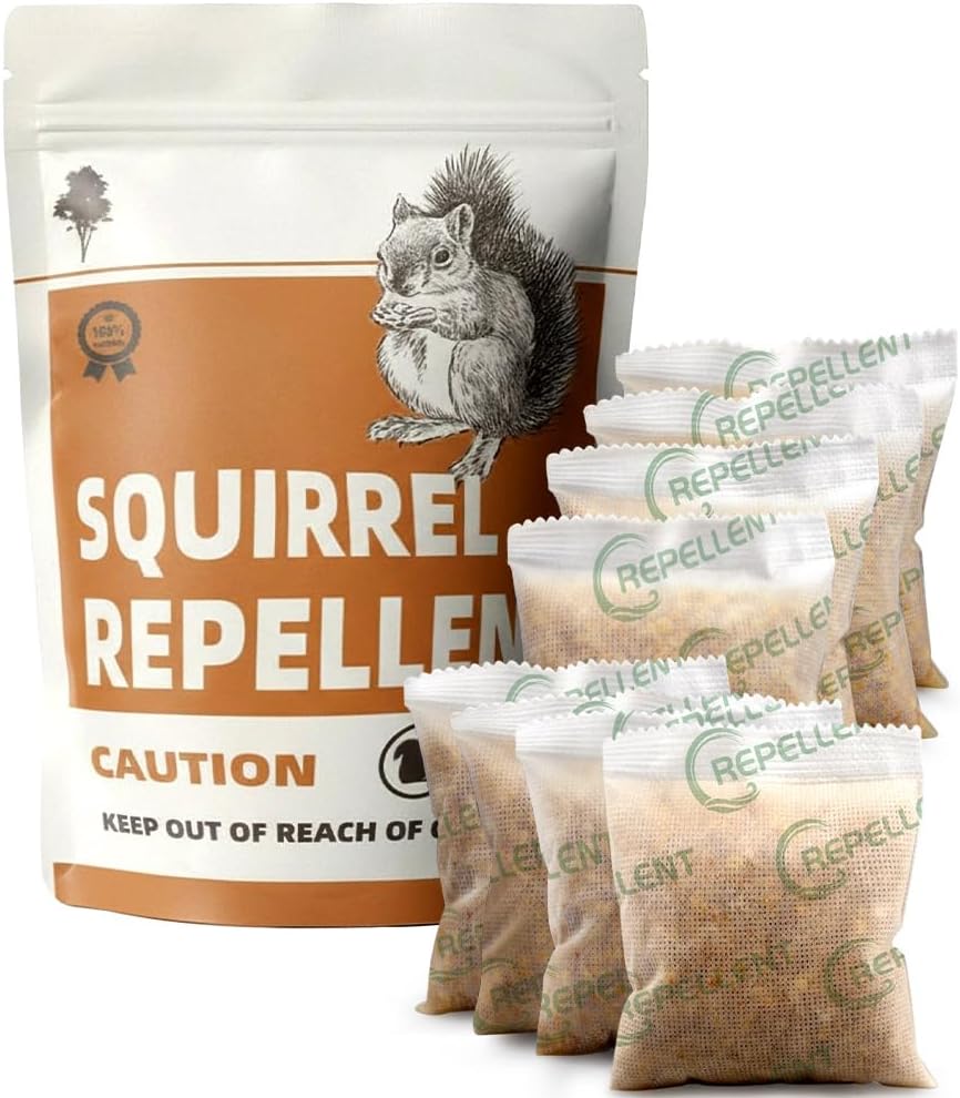 Outdoor Squirrel Repellent, Natural Plant-Based Squirrel and Chipmunk Repellent Pouches for Home, Garden, Attic, Garage & Bird Feeders, Safe Around Kids and Pets, Indoor & Outdoor Use – 8P