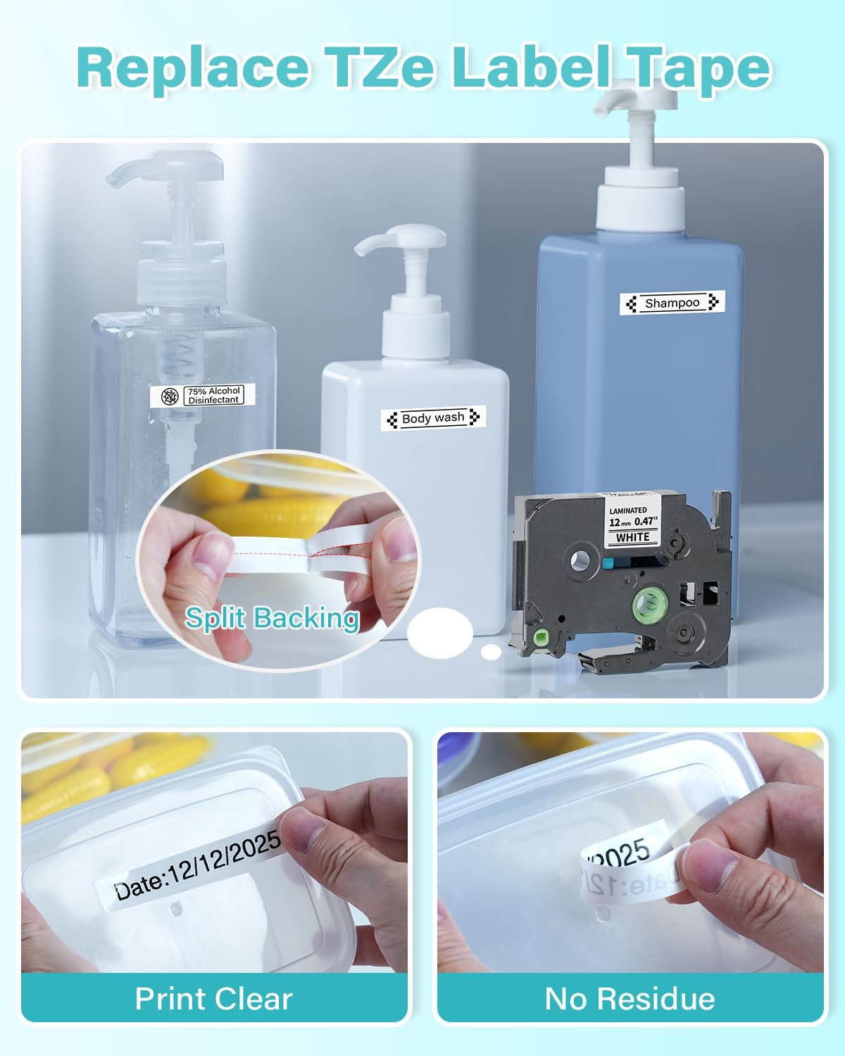 Label Maker Tape, TZe Tz Tape 12mm 0.47 Laminated White Replace for P Touch Label Tape TZe-231 1/2" Black on White TZE231 for Brother Ptouch PT-D220 D210 H110 D200 D400 1280 D600, 12mm x 8m, 6-Pack - Image 3