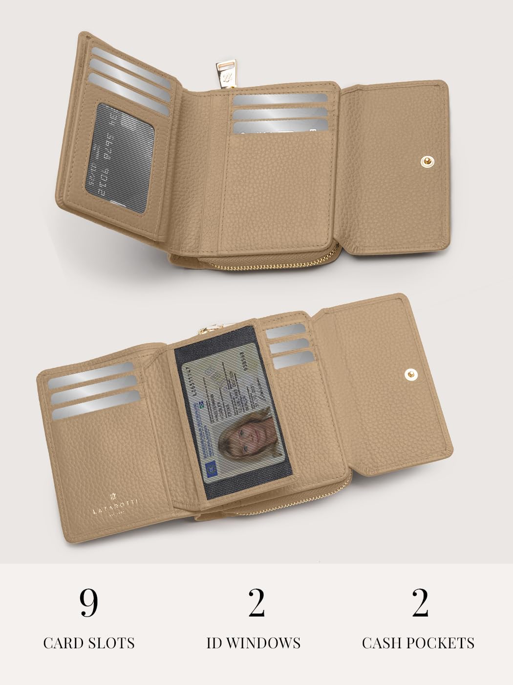 Lazarotti Bologna mittelgroße Leder Geldbörse Damen | mit Druckknopf, Reißverschlussfach, 9 Kartenfächer, RFID-Schutz | 12 x 10 x 4 cm