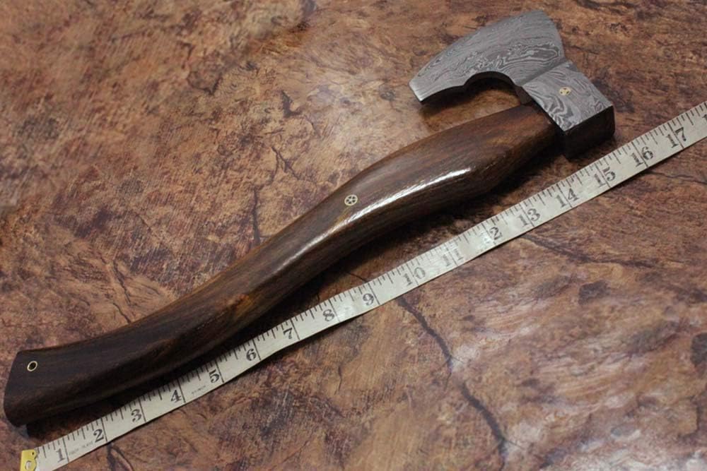 Damascus Steel Bearded Hiking Tomahawk Axe Battle axe16 Inches Long Hand Forged with Rose Wood Round Handle, Large 5" Cutting Edge, Thick Cow Hide Leather Sheath