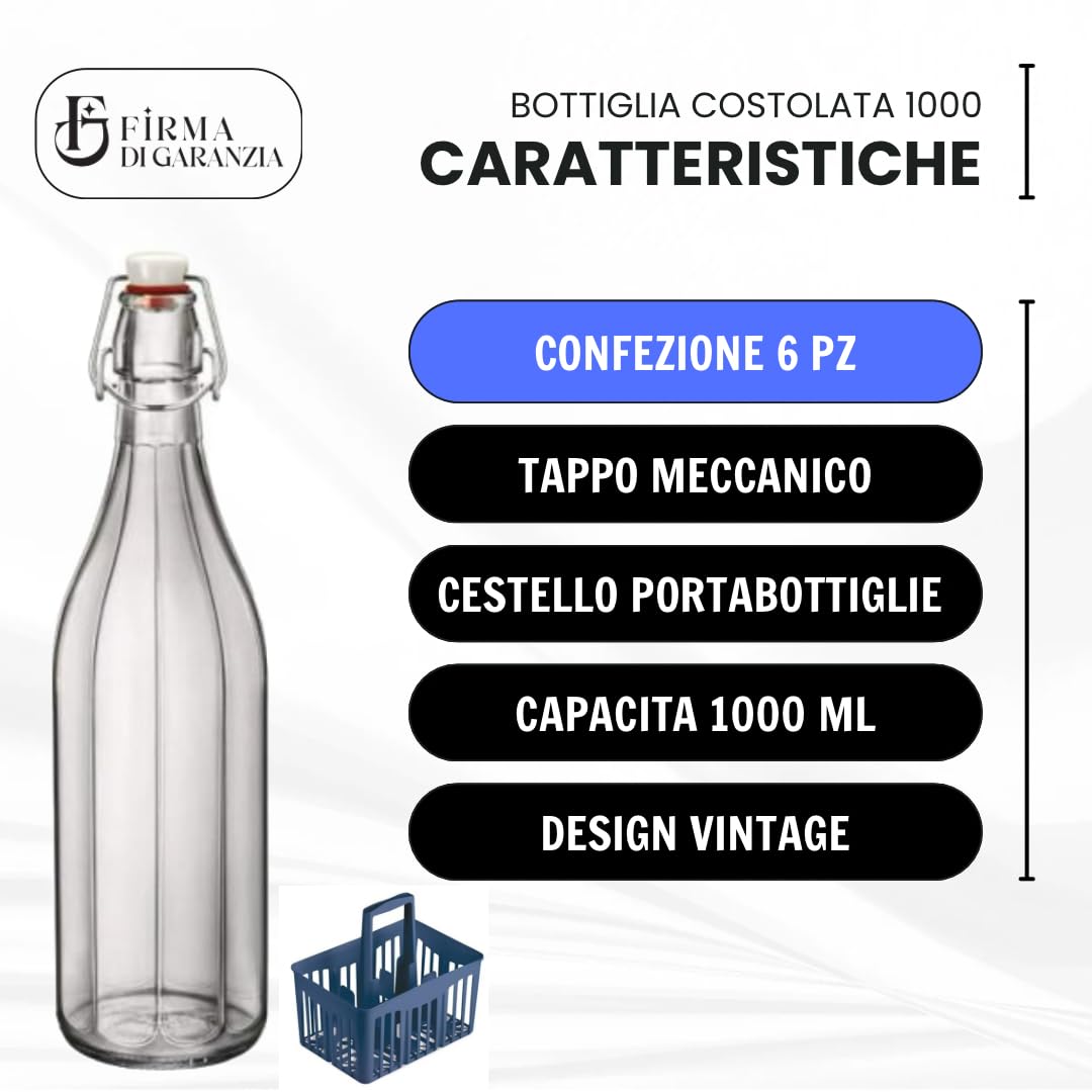 SET 6 PZ BOTTIGLIE VETRO 1 LITRO PER ACQUA VINO LIMONCELLO LIQUORE DRINK CON PORTABOTTIGLIE IN PLASTICA - BOTTIGLIE ACQUA IN VETRO 1 L CON CESTELLO PORTABOTTIGLIE PLASTICA BLU COBALTO