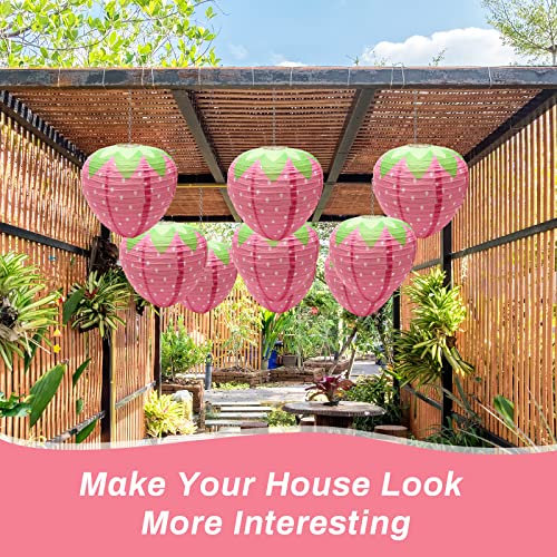 Image of Windspeed Strawberry Paper Lanterns, 8Pcs Hanging Ornament, 3D Strawberry Decoration for Birthday Party Decorations, 8 inch, 12 inch (Pink)