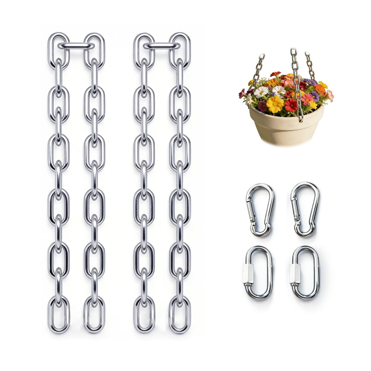 Nasxkji 2 Pcs 304 Stainless Steel Hanging Chain Φ3mm (Long 0.6m/23.7inch) with 4mm Snap Hook and Quick Link Heavy Duty Chain for Hanging Chair, Sandbag, Plant Basket, Fitness Equipment