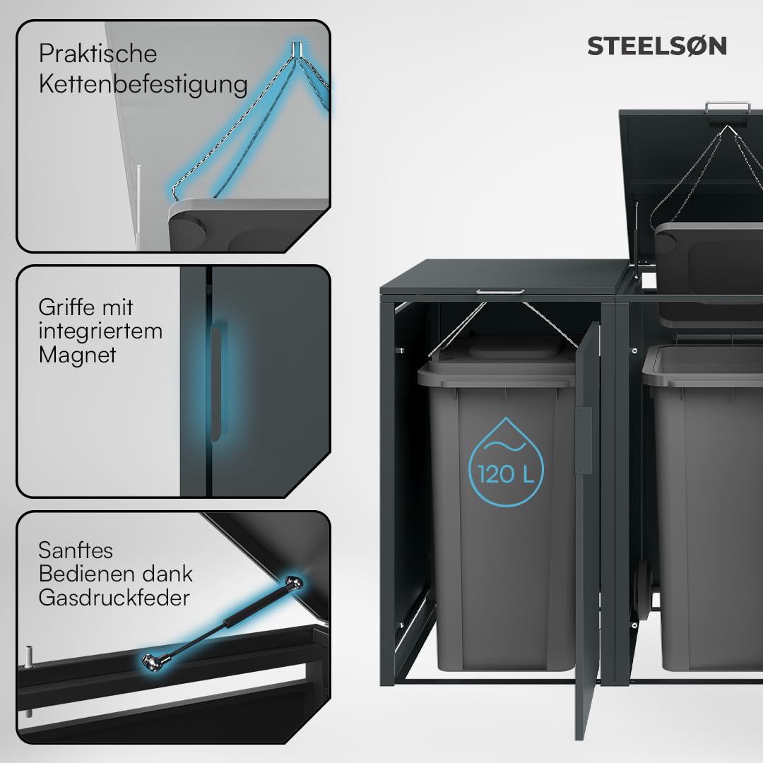 STEELSØN Thoria 3er Mülltonnenbox bis 120L – Müllcontainer für 3 Tonnen aus verzinktem Stahl – Mülltonnenverkleidung in Anthrazit wetterfest – hochwertige Müllbox/Gerätebox