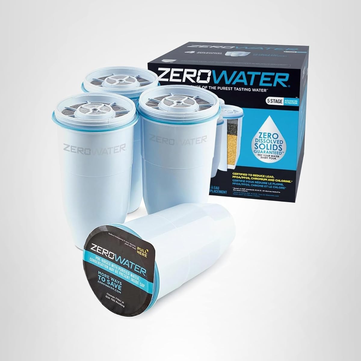 Culligan ZeroWater Official Replacement Filter - 5-Stage 0 TDS Filter Replacement - System IAPMO Certified to Reduce Lead, Chromium, and PFOA/PFOS, 4-Pack