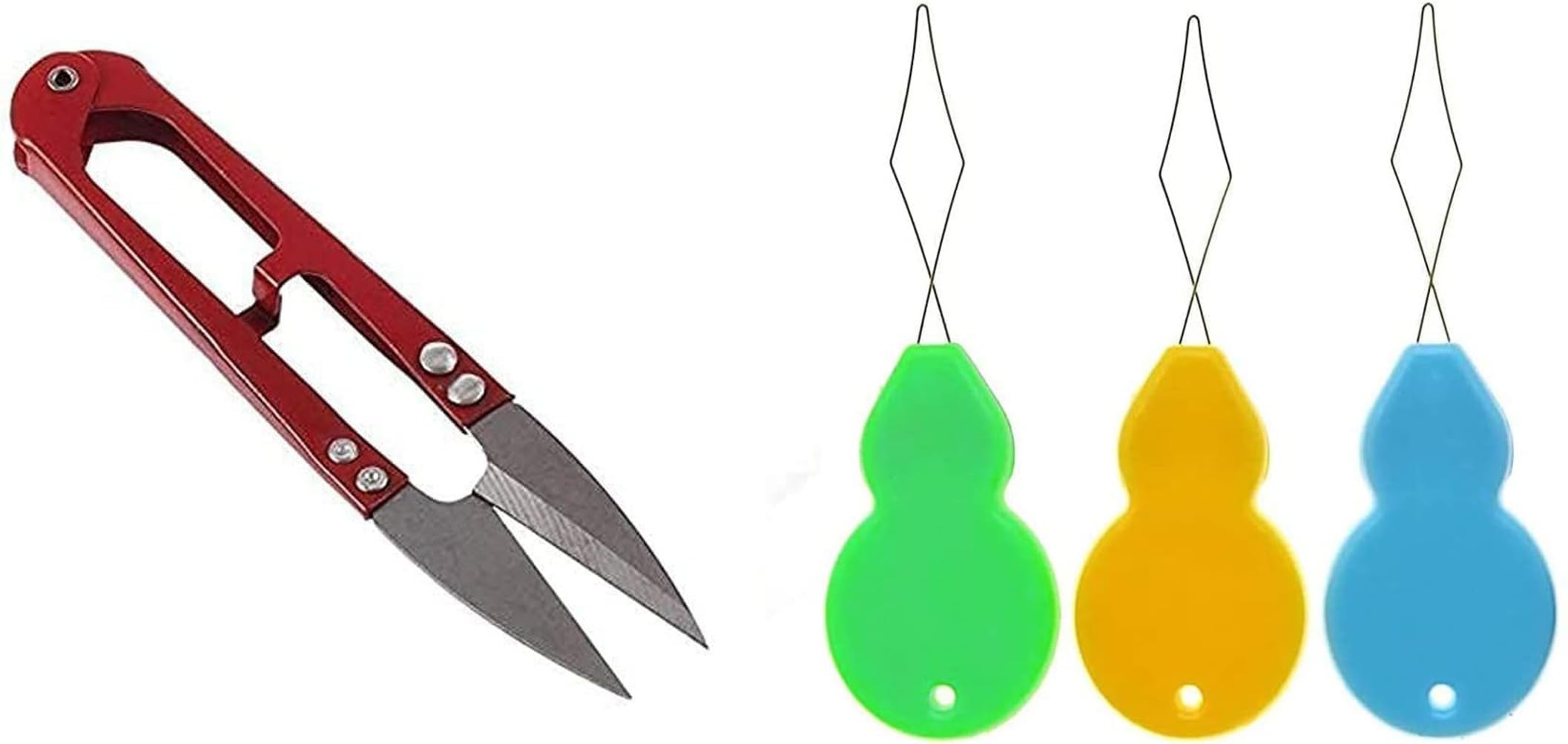 Combo Pack of Metal Sewing Snips Thread Cutter Scissors (1) + Needle Threader Plastic Wire Loop DIY Hand Machine Sewing Tool (3) | Random Colors
