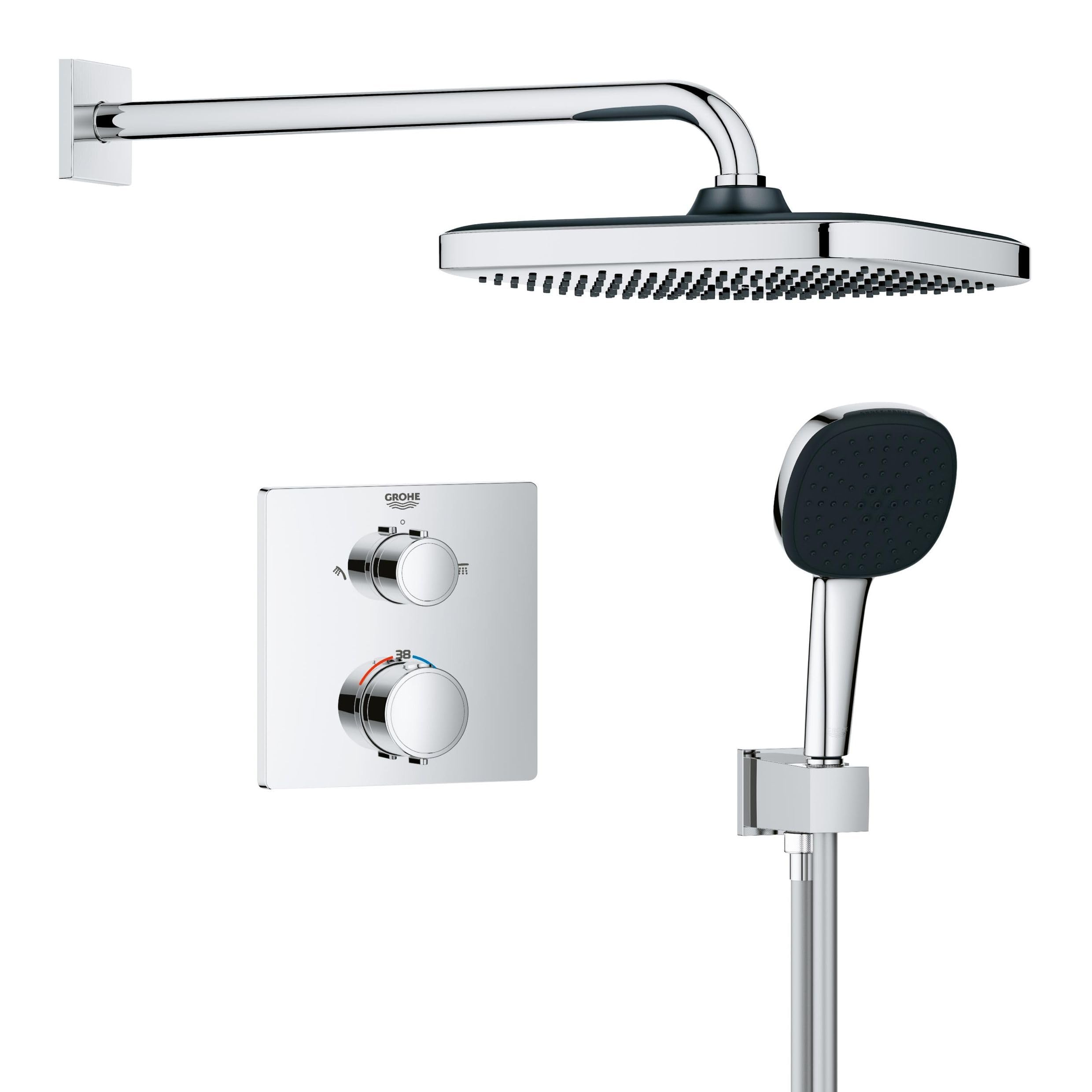 GROHE Precision 250, Unterputz Duschsystem (25cm Regendusche mit Thermostat, Kopfbrause 1 Strahlart, Duschkopf 2 Strahlarten, Komplettset, 1,50m Duschschlauch), eckig, chrom, 34882000