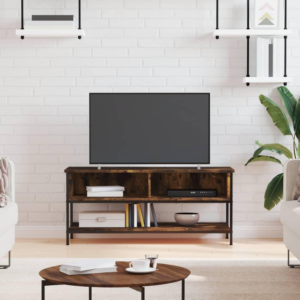 Szafka pod telewizor, dąb wędzony, 100 x 35 x 45 cm, materiał drewnopochodny z żelaznymi nogami, komoda do salonu, miejsce do przechowywania z półką, półką, klapą i regałem, nadaje się do