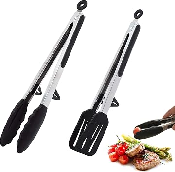 9 Inch Set of 2 Silicone Kitchen Tongs Stainless Steel Non-Stick Food Tongs Non-Slip Locking BBQ Spatula Tong for Air Fryer, Baking, Frying, Serving