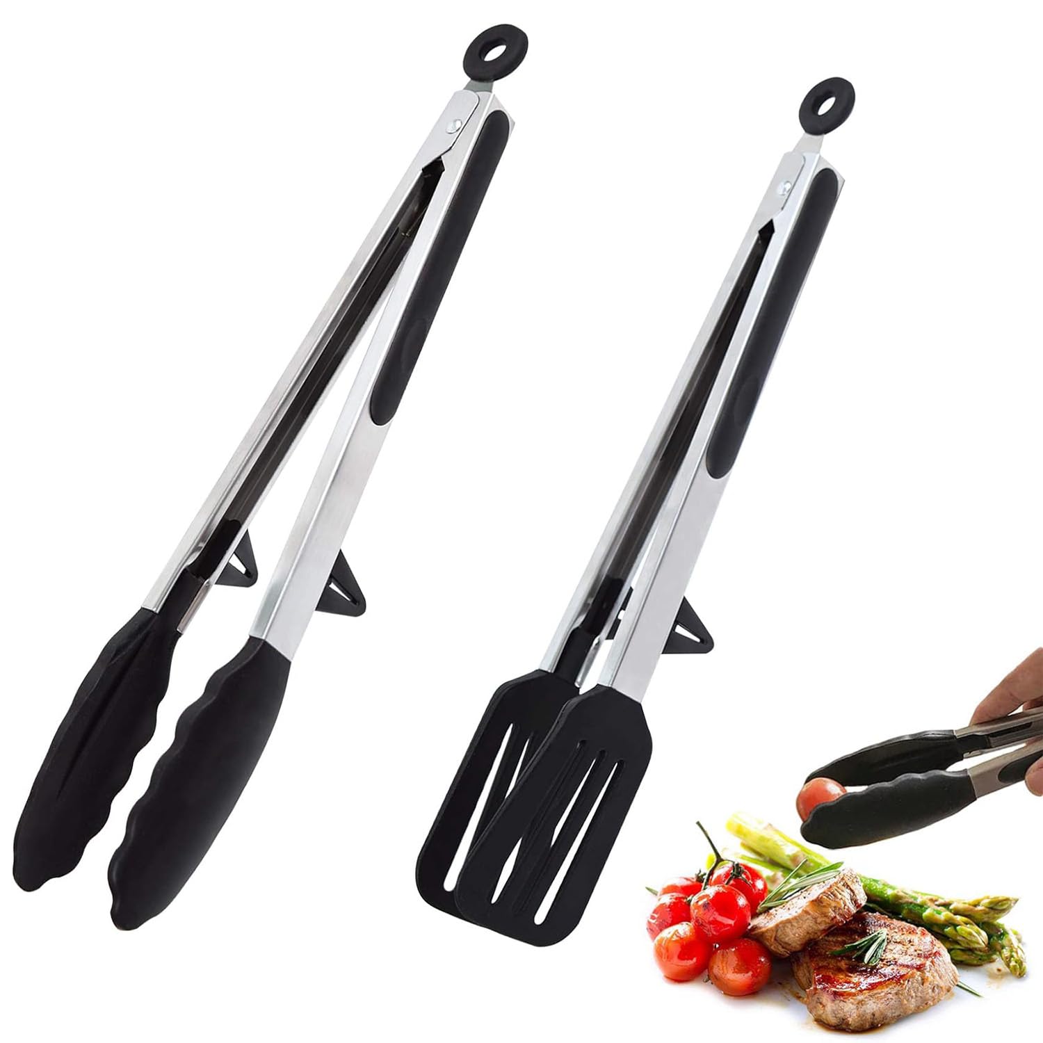 9 Inch Set of 2 Silicone Kitchen Tongs Stainless Steel Non-Stick Food Tongs Non-Slip Locking BBQ Spatula Tong for Air Fryer, Baking, Frying, Serving