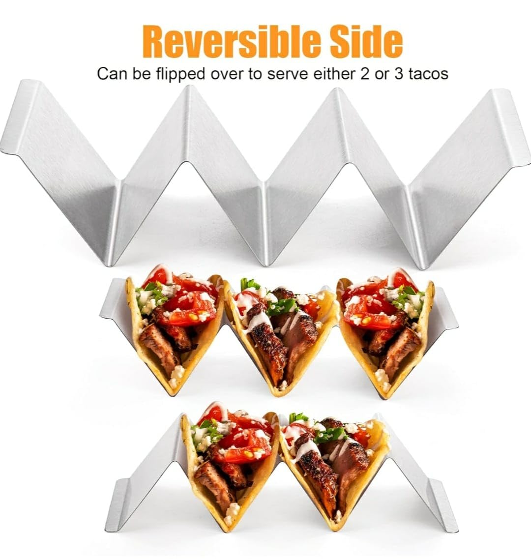 Shoppers Hub PNQ 3 Grid Stainless Steel Taco Holder | Taco Shell Rack & Serving Tray Stand | Multipurpose Taco Serveware Platter for Frankie, Sandwich, Hotdog, Rolls & Starters. (No of Slots: 3) 3