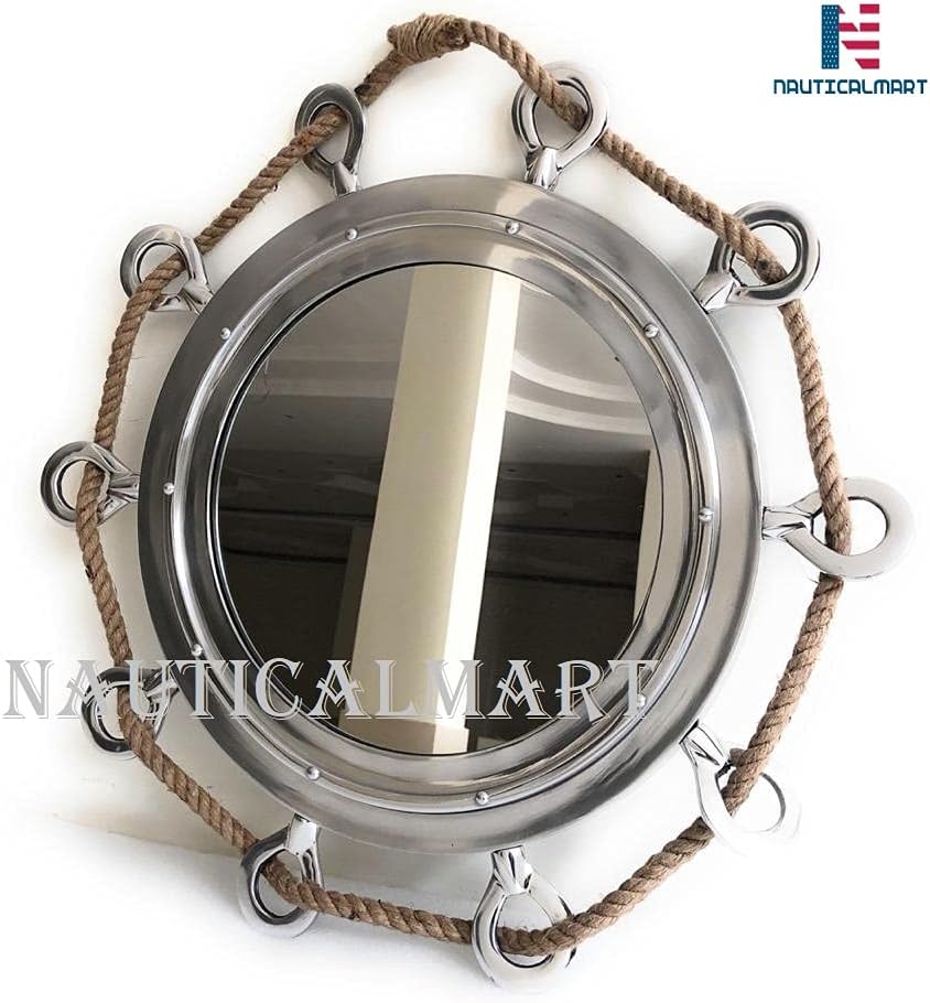 Big Silver Finish Porthole Mirror with Rope Nautical Ships Boat Decor