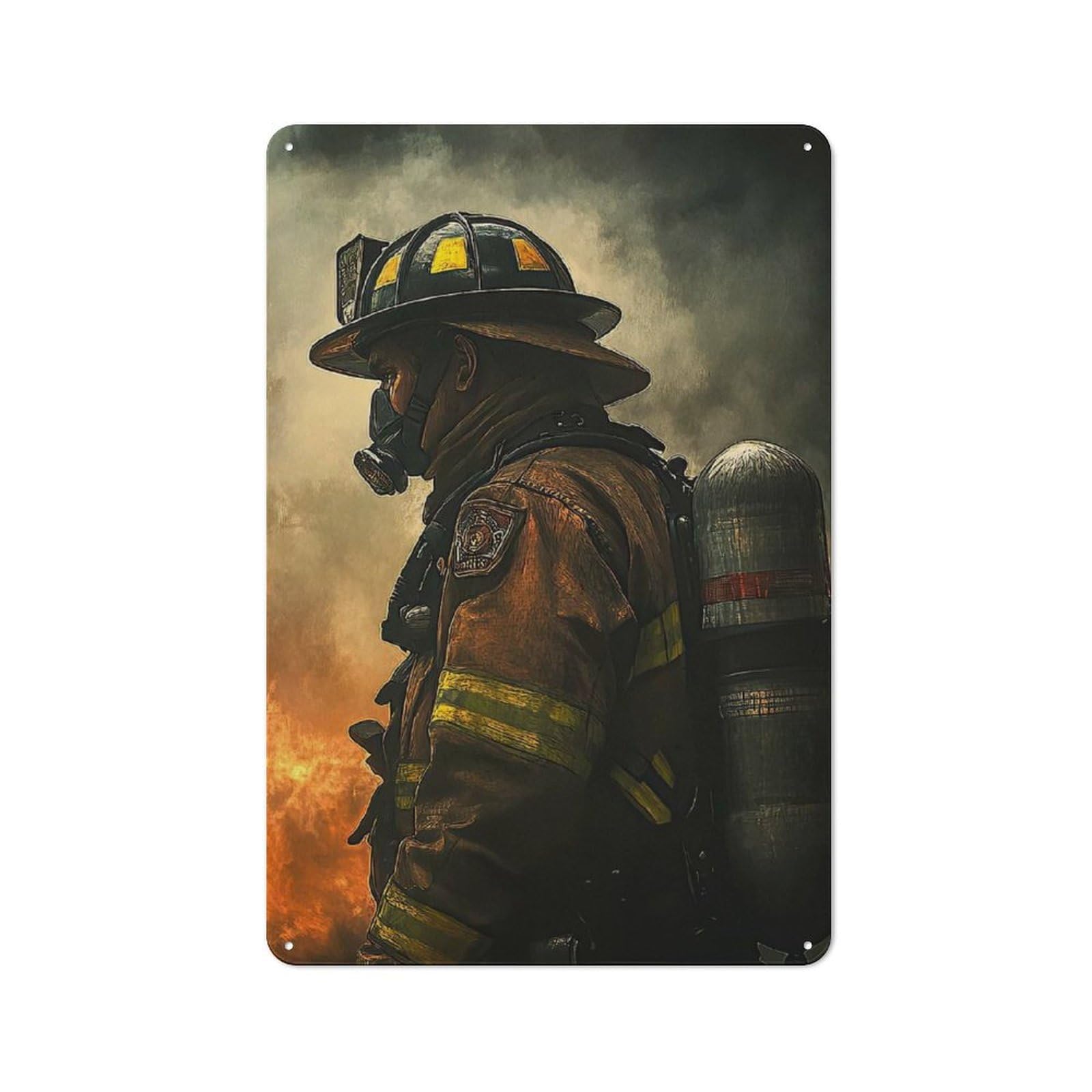 Retro Metal Plaque 30x20cm Featuring Firefighter in Smoke, Bistro Wall Plaque for Bakery, Diner, Cafe Or Family Room