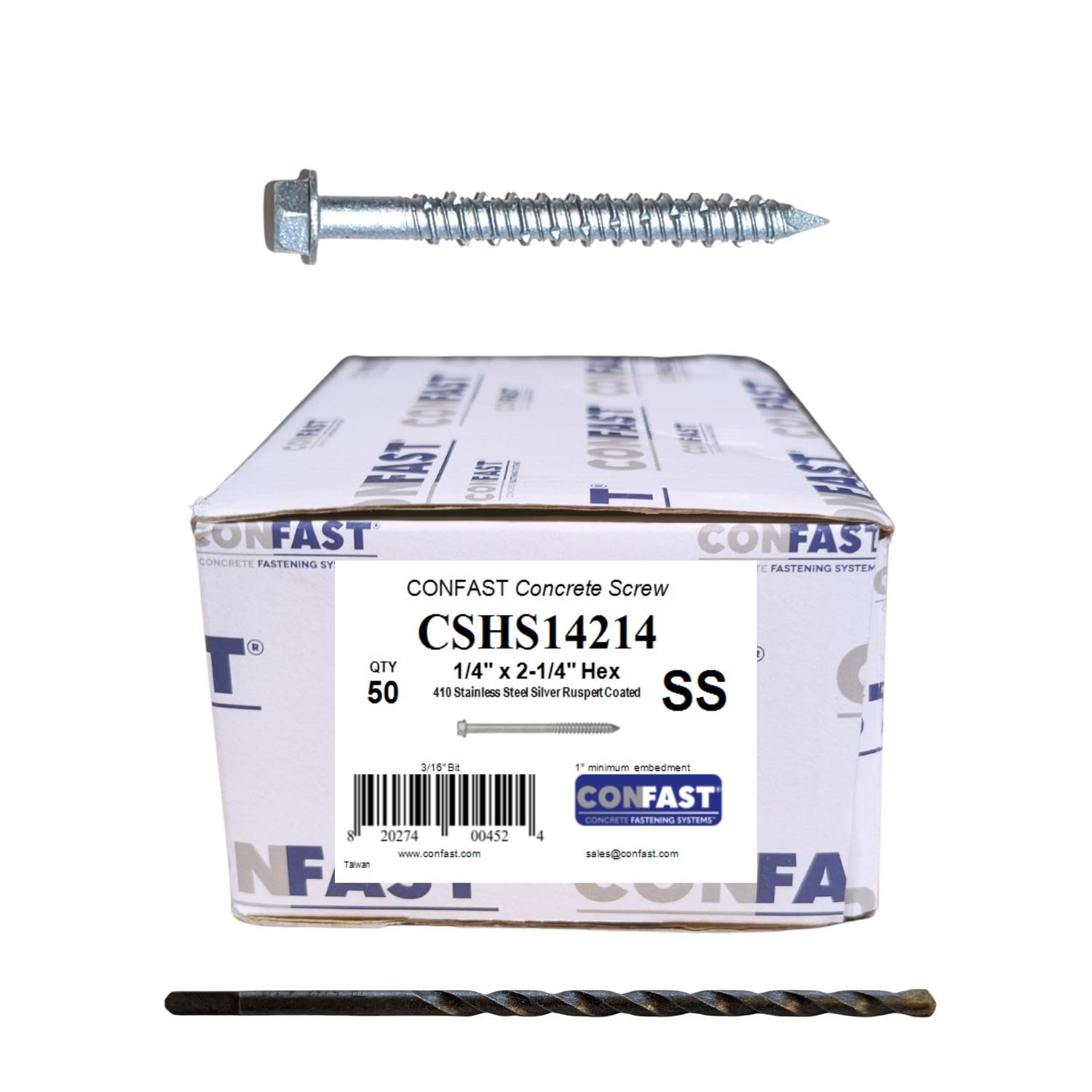 CONFAST Betonschrauben, 6,3 mm x 5,4 cm, 410 Edelstahl, Sechskant, mit Betonbohrer zur Verankerung an Mauerwerk, Block oder Ziegel, 50 Stück pro Box