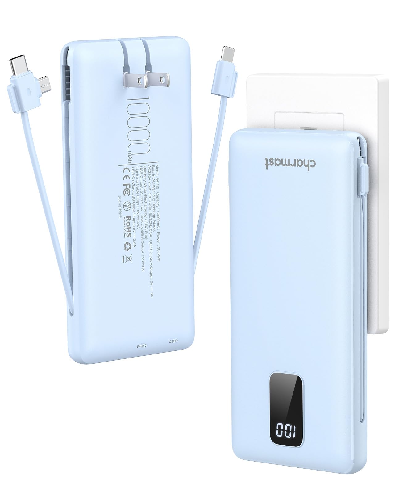 charmast Portable Charger with Built-in Cables and AC Wall Plug | 10000mAh Power Bank with 4 Outputs,USB-C & USB-A Battery Pack,Slim Travel Phone Charger...