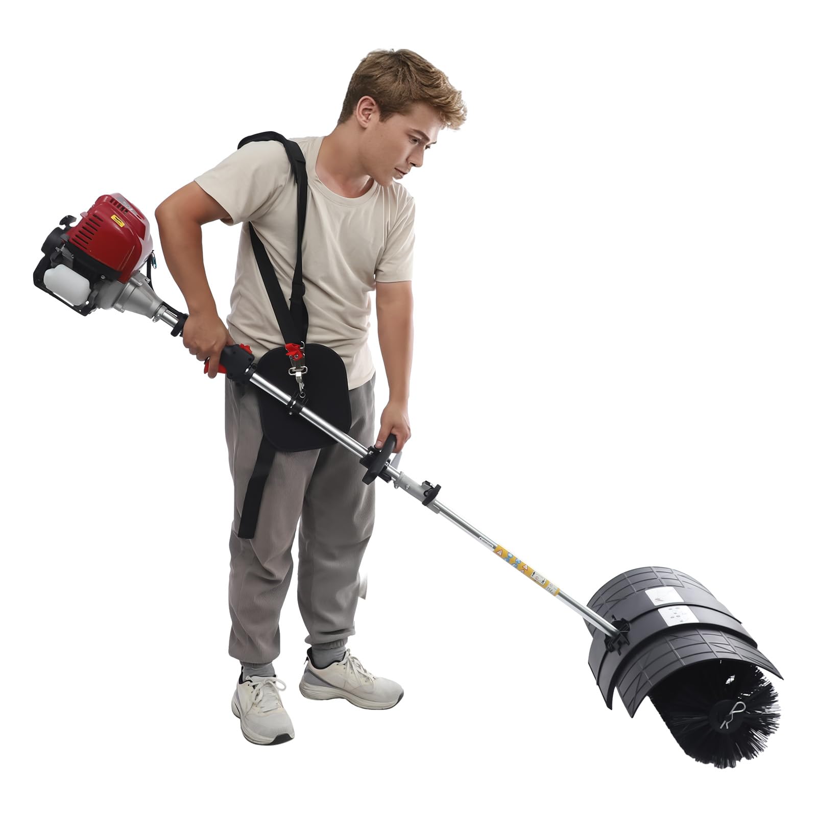 Candygou Black, Red Power Broom, 4 Stroke Lawn Yard Sweeper, Brush Broom Driveway Sweeper Artificial Grass Snow Clean, Outdoor Handheld Gasoline Power Brooms With Front Handle, Shoulder Strap, For Patio Driveway Street
