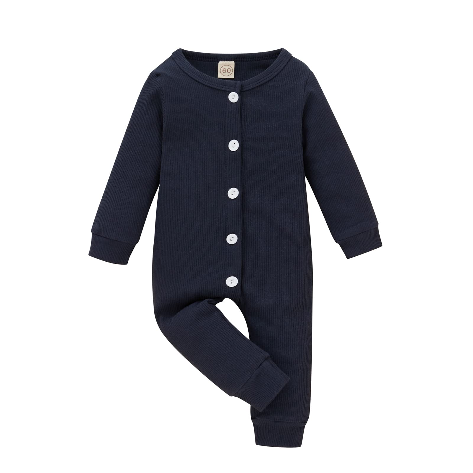 Newborn Baby Girl Boys Long Sleeve Romper Infant Cotton Clothes Toddler Jumpsuit Snap Bodysuit Cute Outfits (Dark Blue Button Rompers, 18-24 Months)