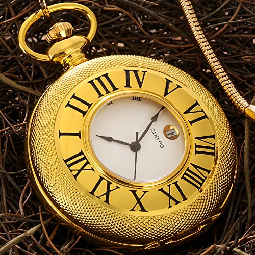 Image of Hollow Roman Digital Pocket Watch Cover for Men, Calendar Roman Dial Men's Pocket Watch with Chain