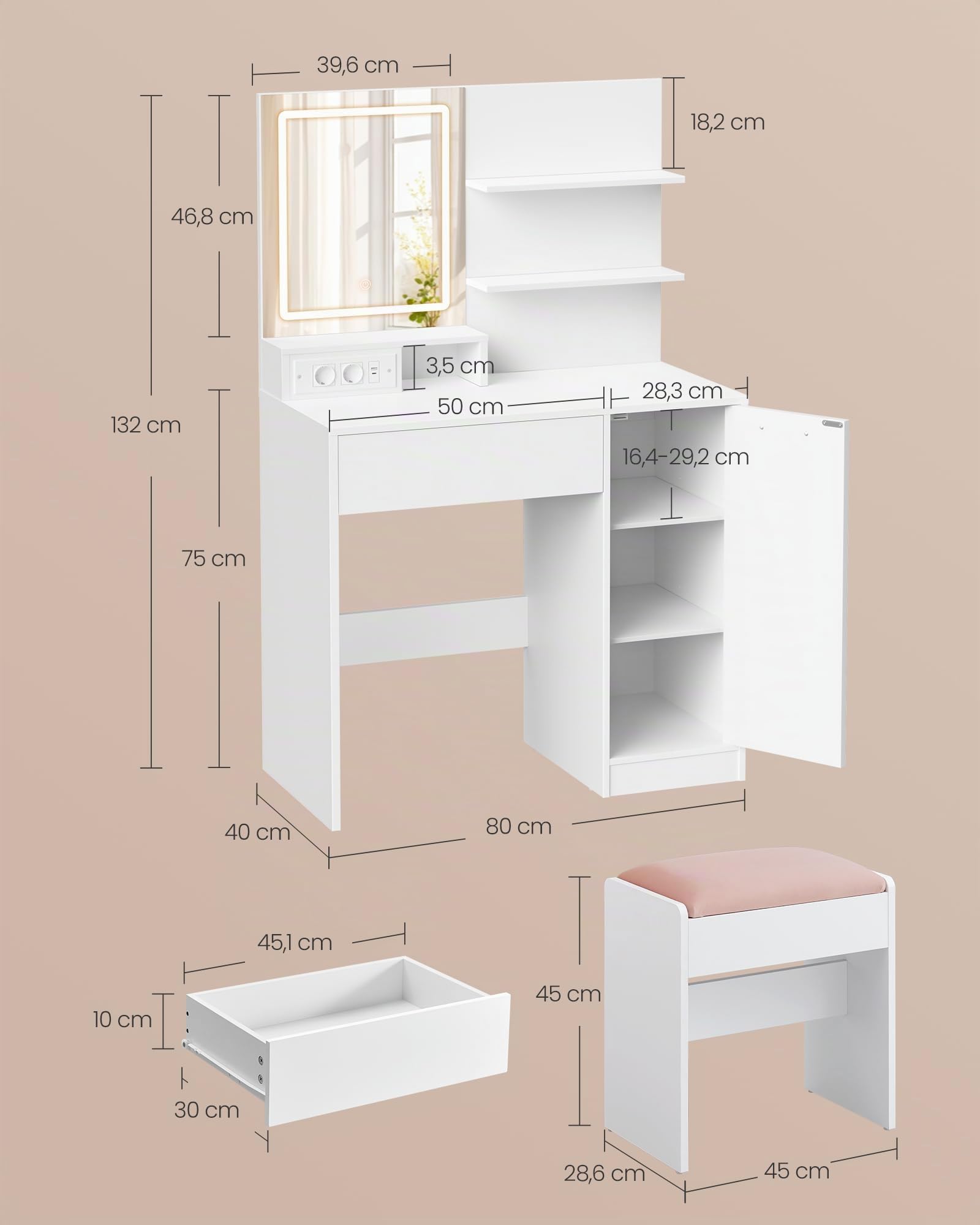 VASAGLE Kailyn Collection - Coiffeuse avec Miroir LED et Tabouret, avec Multiprise, Compartiment avec 2 Étagères Réglables, 1 Tiroir, 2 Étagères, Coin Beauté, Moderne, Blanc RDT738W01