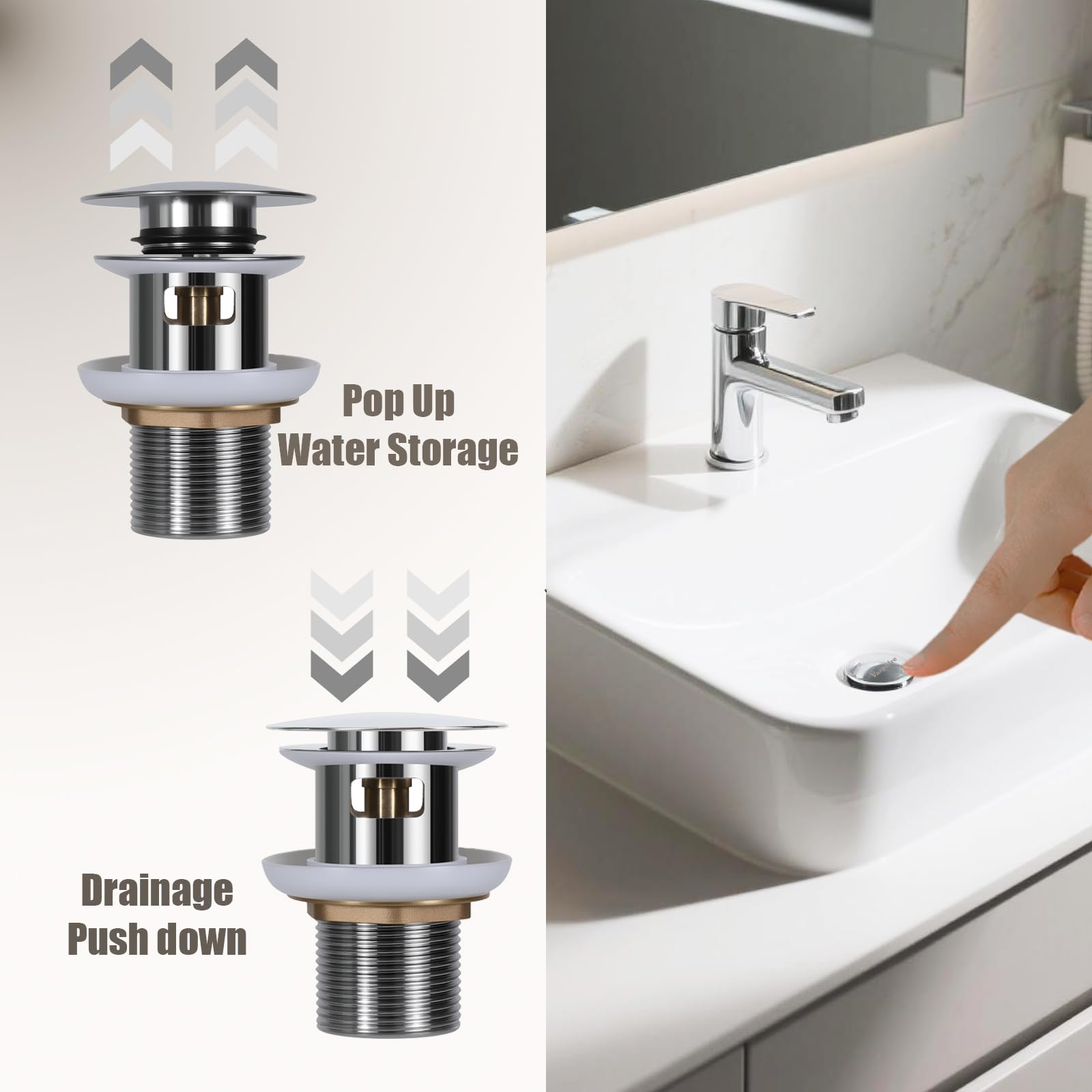 Siphon de lavabo avec trop-plein - Siphon universel en acier inoxydable 304 - Pour lavabo de salle de bain - Siphon pop-up - Argenté