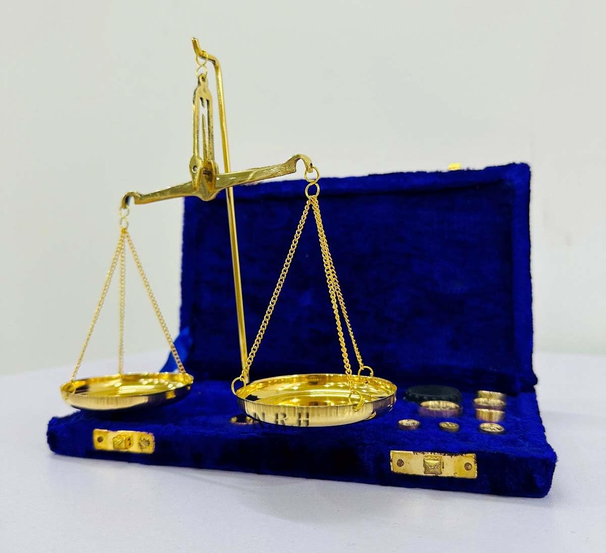 Vintage Brass Balance Weighing Scale Polished With Velvet Box With Weights Jewelry Scales, Purple & Brass, 10X5 Inches