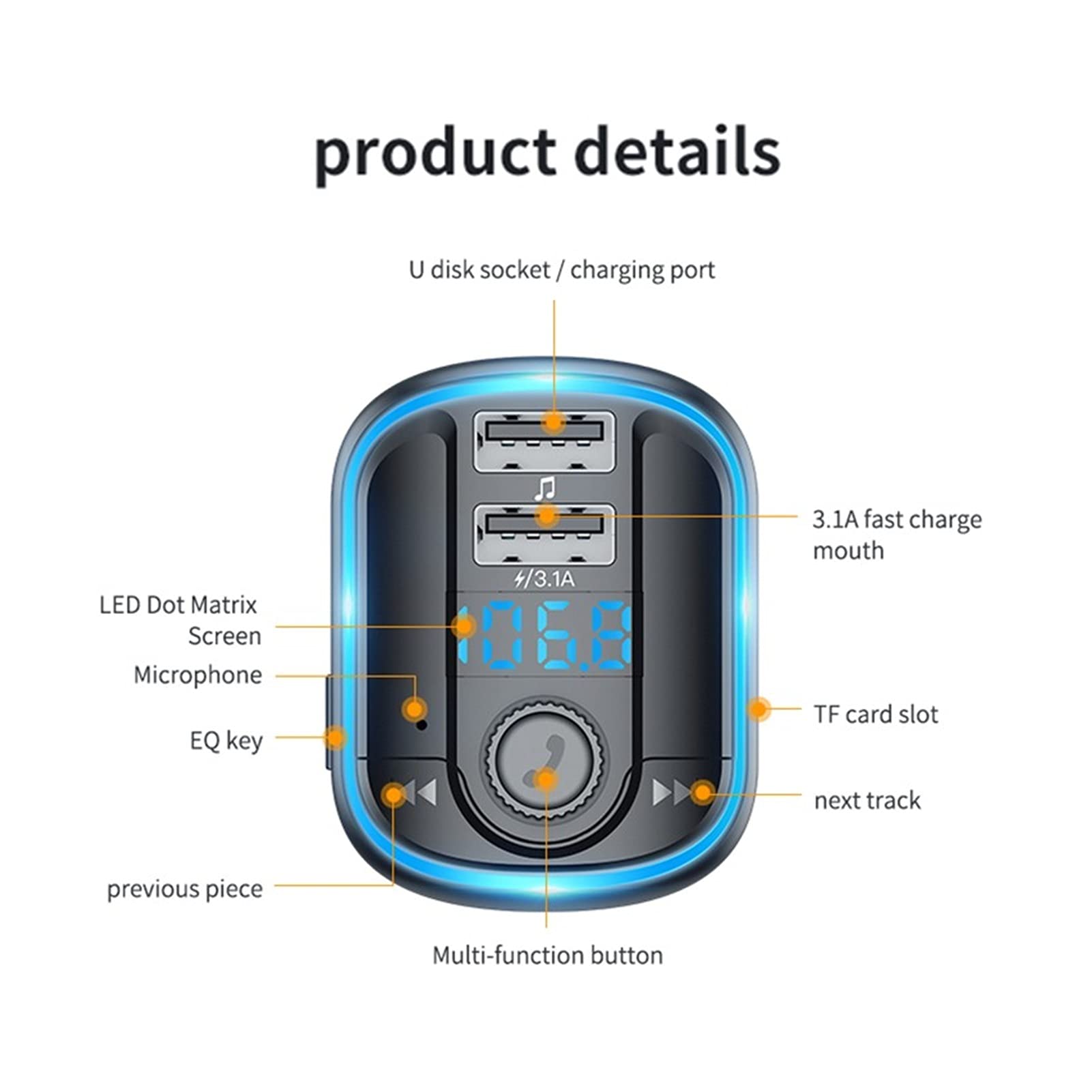 Adaptateur Audio Bluetooth Voiture Bluetooth sans Fil FÉMININ Émetteur MP3 Lecteur Radio Adaptateur Mains Libres FÉMININ Kit de modulateur Dual USB Support de Chargeur u Disque TF Carte