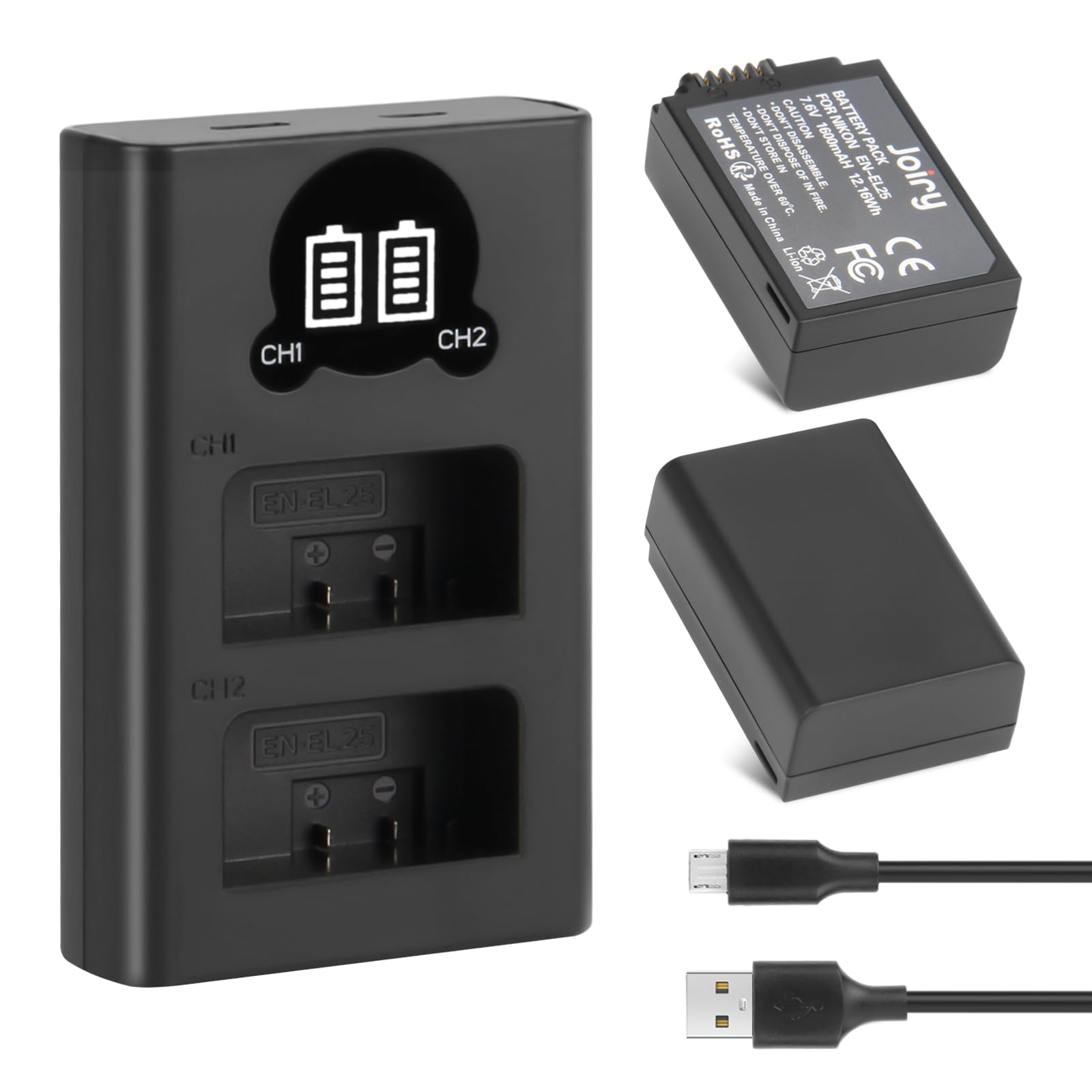 Joiry 2X EN-EL25 batteria di ricambio compatibile con Nikon Z50, Z 50, Z FC, Smart LCD Display Dual USB Caricabatterie per Nikon ENEL25/EN-EL25a/4241 Batteria