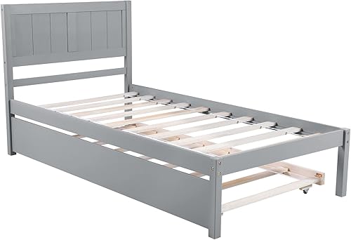 Miniatura 5 de Base de cama de plataforma de madera de tamaño individual con nido, plataforma moderna sin necesidad de somier, soporte de listones de madera