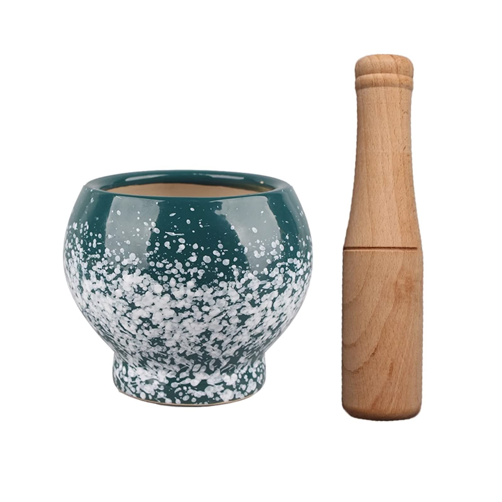 Juego de mortero y mortero de cerámica verde con mortero de madera, porcelana con acabado decorativo de puntos blancos