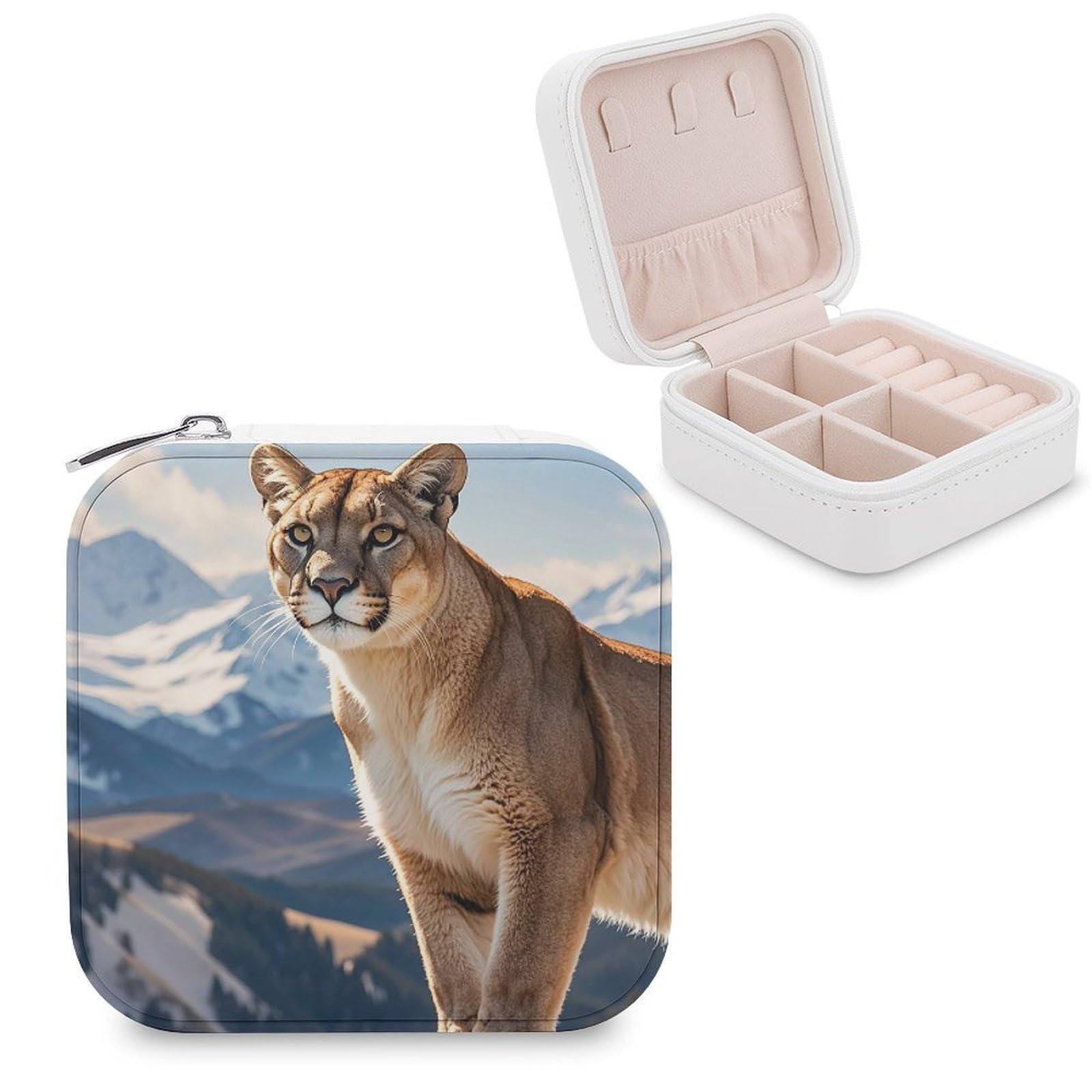 FekiLoot Panther & Mountain Lion Jewelry Case Personalized Leather Jewelry Box Mini Travel Jewelry Case Small Portable Jewelry Organizer for Ring Earrings Necklace Bracelet