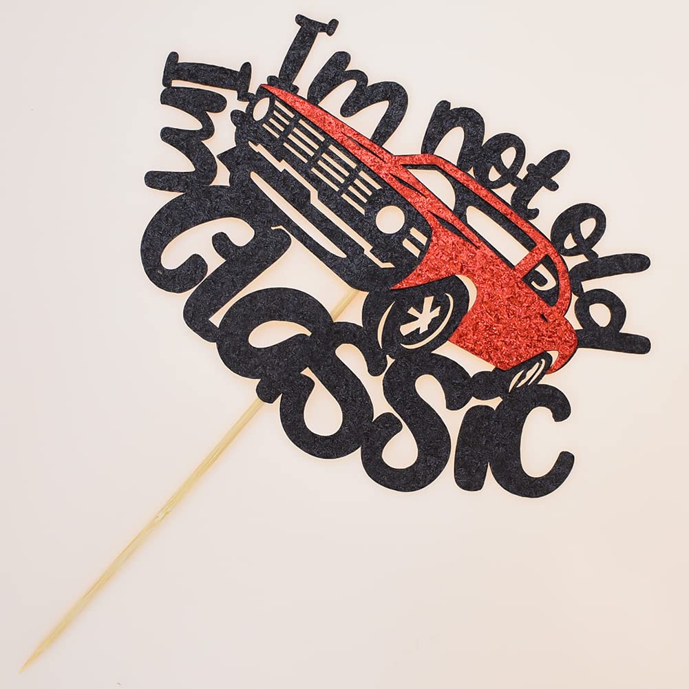Vintage Car Cake Topper - 'I'm Not Old I'm Classic' Birthday Decor, Black & Red Glitter, 5x4 Inches - View #4