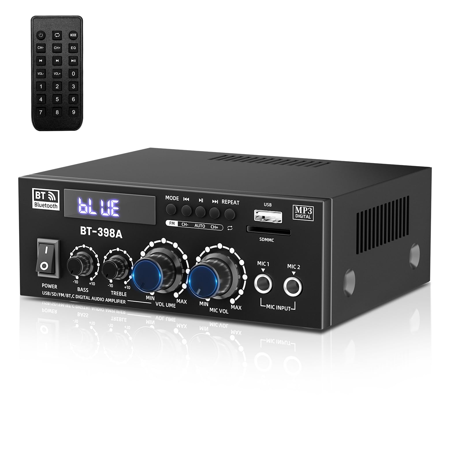 Amplificatore Audio Stereo, 600W 2 Channel Bluetooth 5.3,RMS 60W X 2，Radio Portatile per Auto o Casa,Home Theater,Altoparlante Auto W/Mic USB FM Radio (398A)