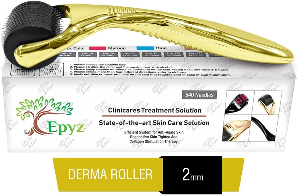 Epyz New Model Derma Roller Cosmetic Micro Needling Instrument with 540 Needles for Acne, Skin, Hair Loss, With Free Storage Case [ Pack Of 1 ] (Golden, 2mm)