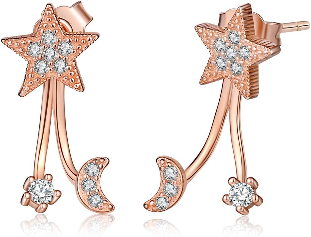 Infinite U 925 Sterling Silver Cubic Zirconia Moon and Star Earrings Jackets, Rose Gold